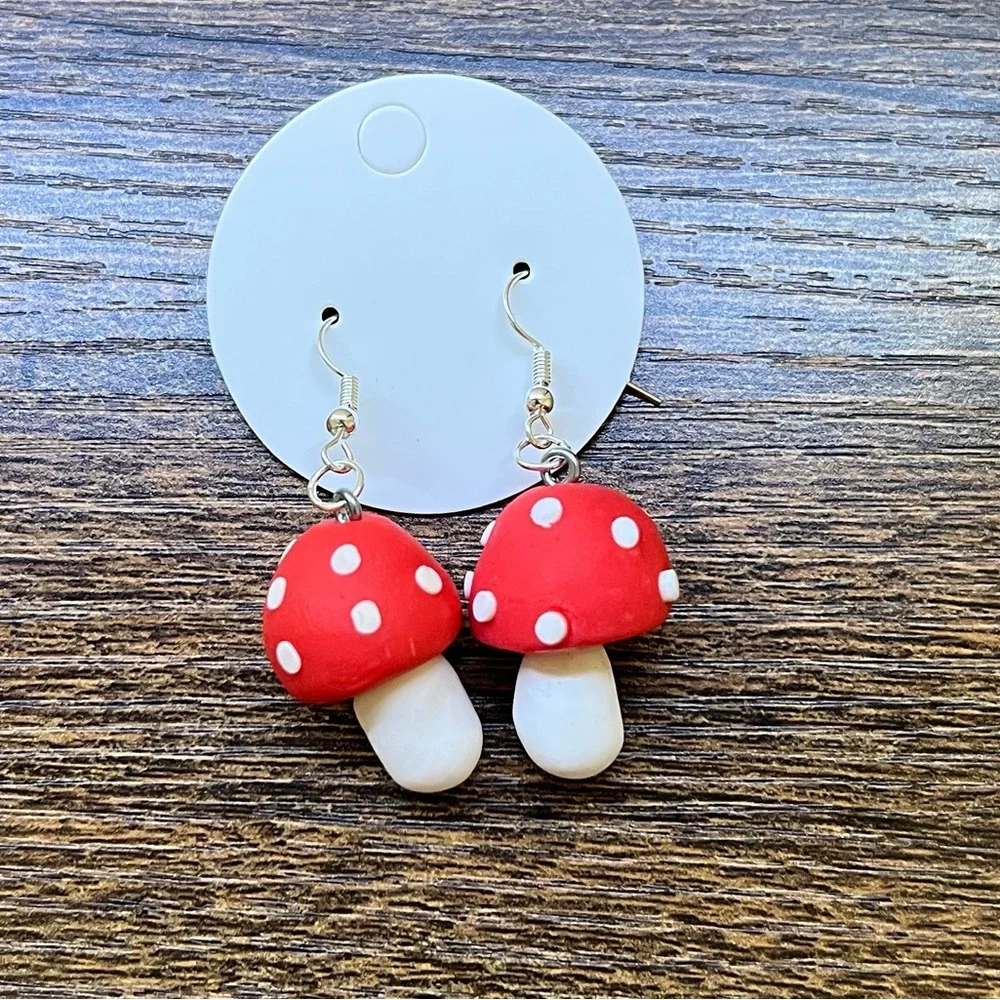 Handmade Red Cap Mushroom Earrings - Picture 1 of 7